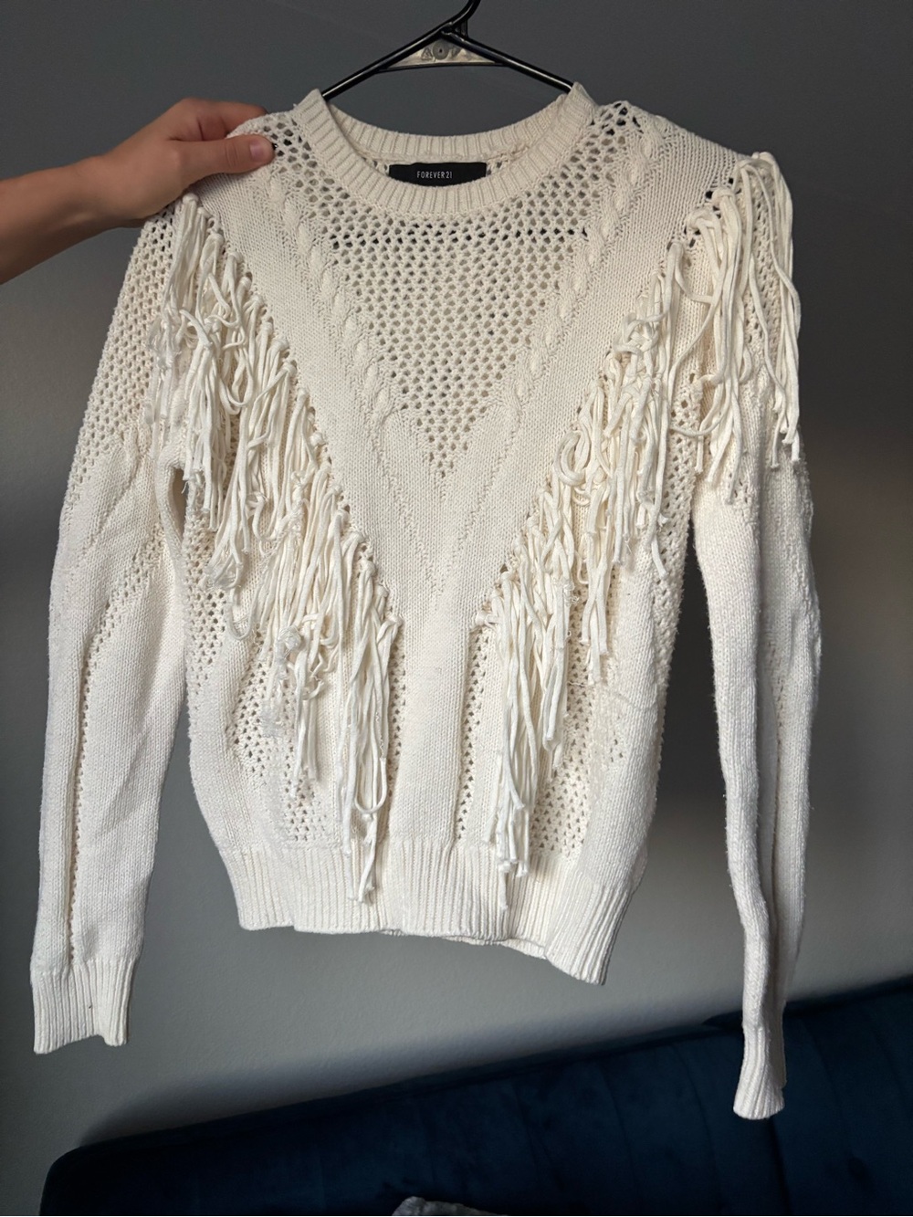 Forever 21 Ivory Fringe Open-Knit Crewneck Sweater